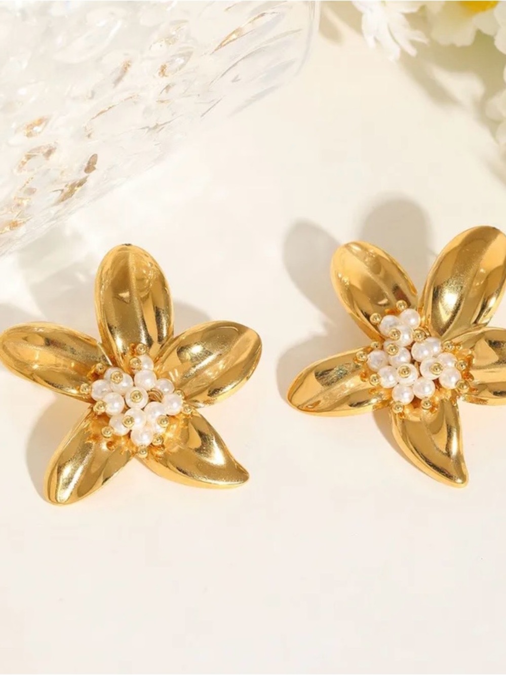 New 18K Gold Plated accent boho Flower with pearls Stud Earrings.
